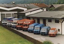 Im Mittelpunkt des Bildes sind neun Fahrzeuge zu sehen, die ordentlich aufgereiht und geparkt sind. Die Fahrzeuge reichen von einem Kleinwagen bis hin zu einem Lkw und sind in Blau und Rot gehalten.